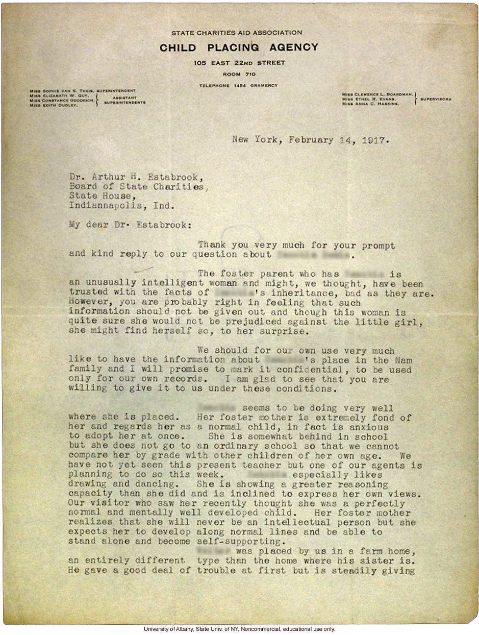 E.R. Evans letter to A. Estabrook, providing information about the Nam family child placed in foster care (2/14/1917)