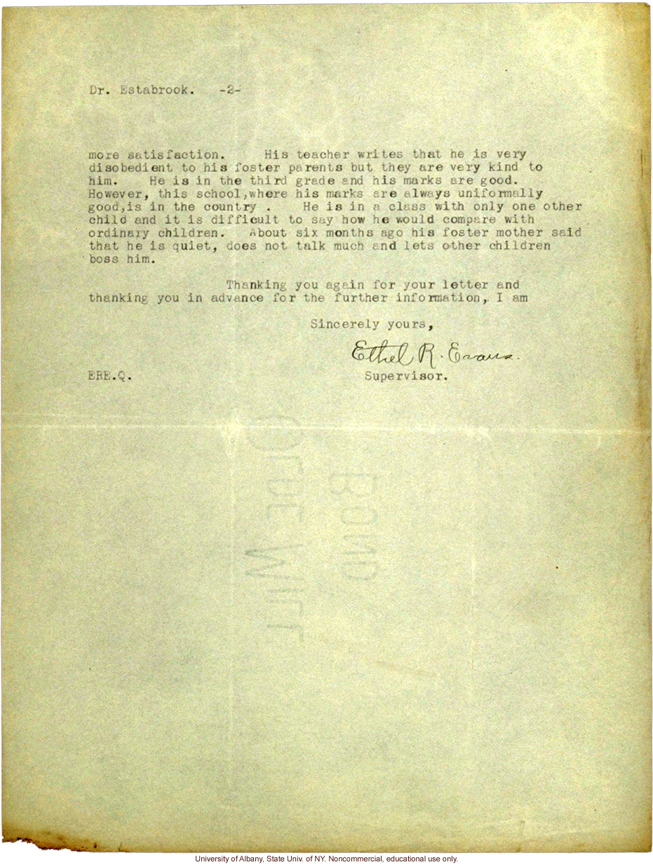 E.R. Evans letter to A. Estabrook, providing information about the Nam family child placed in foster care (2/14/1917)