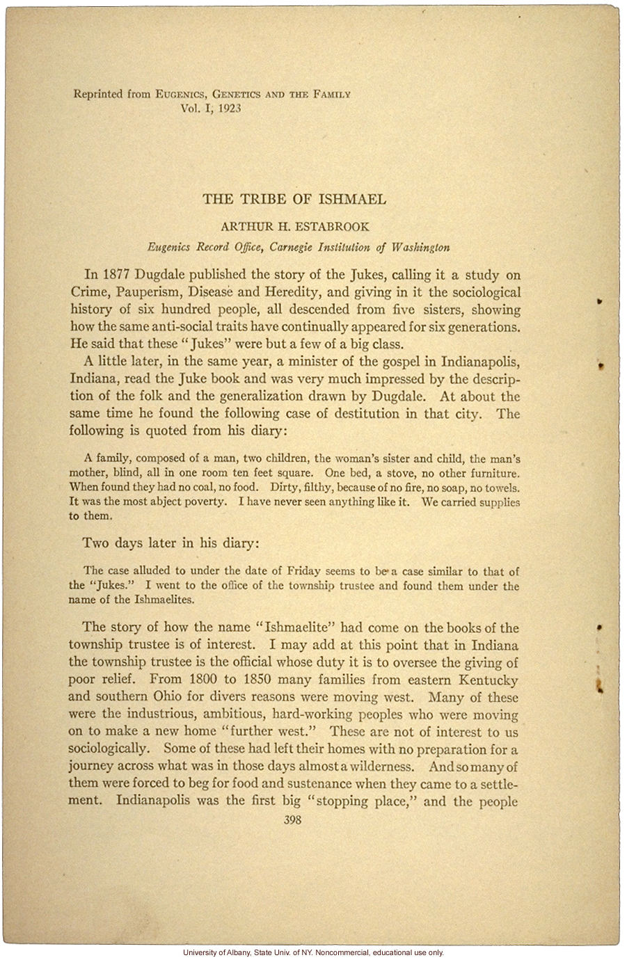 &quote;The Tribe of Ishmael,&quote; by Arthur H. Estabrook, in Eugenics, Genetics and the Family (vol. 1)