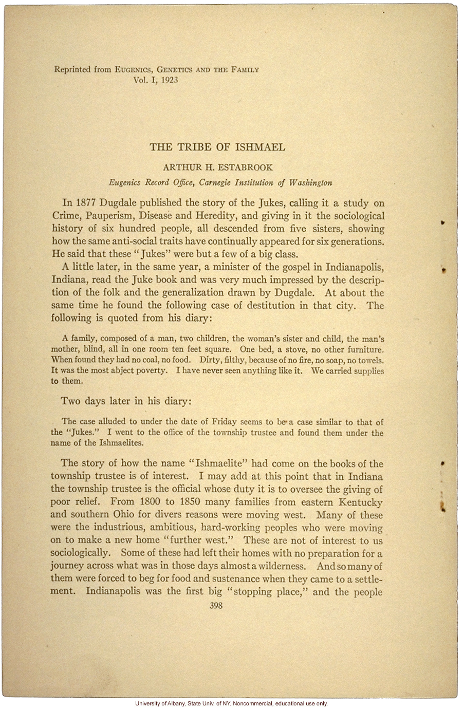 &quote;The Tribe of Ishmael,&quote; by Arthur H. Estabrook, in Eugenics, Genetics and the Family (vol. 1)