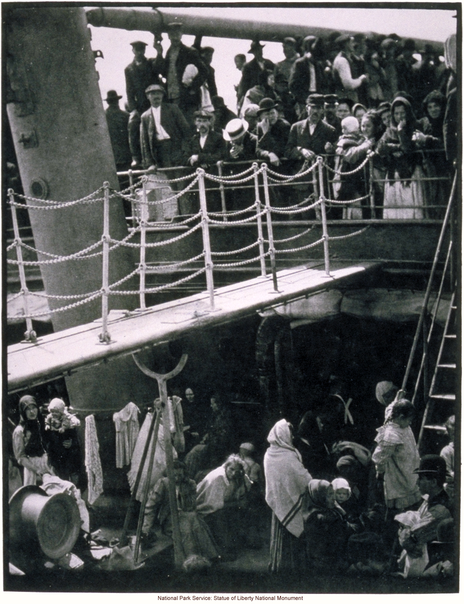 Immigrants in steerage (lower) on board steamship arriving at Ellis Island