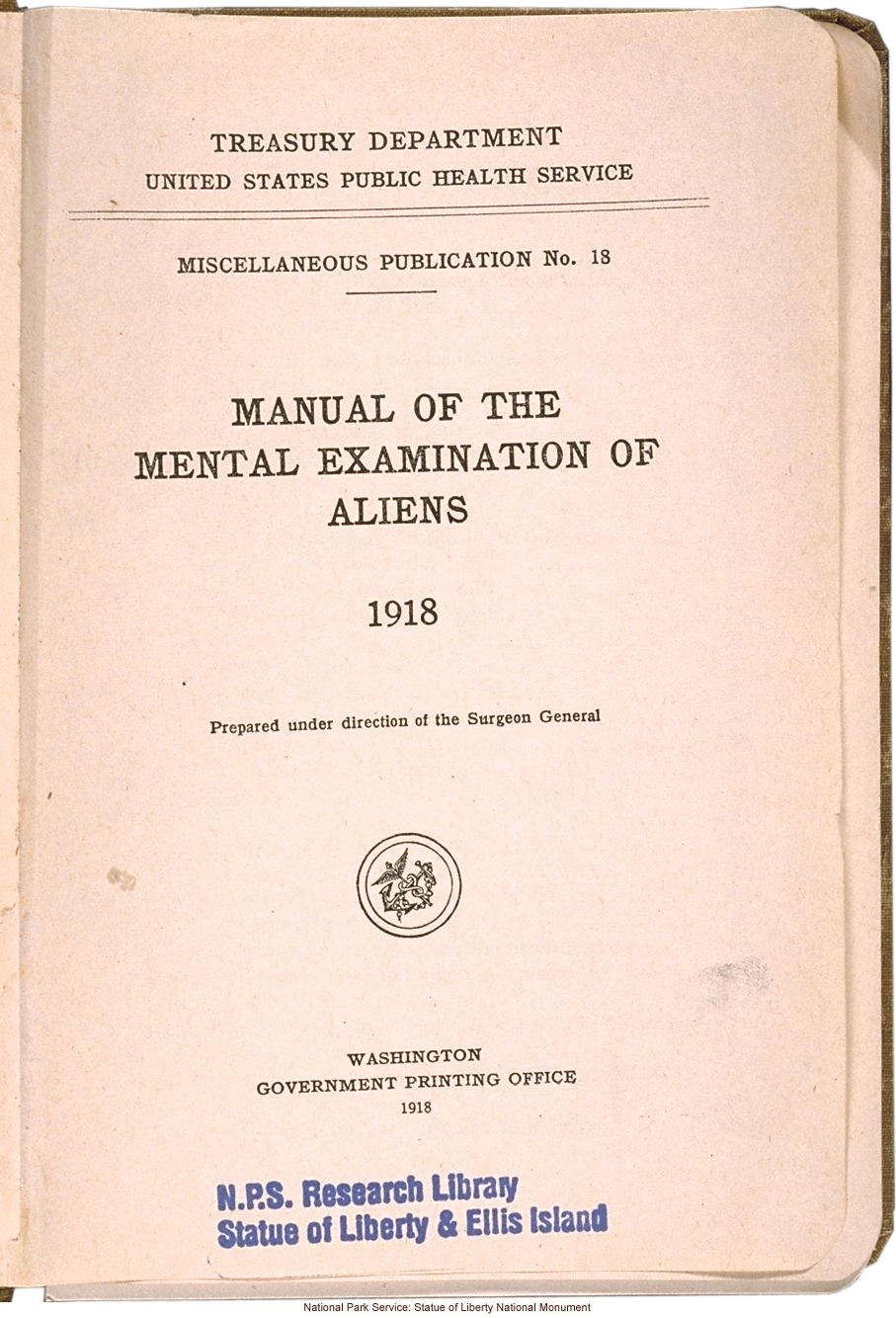 <i>Manual of the Mental Examination of Aliens</i>, United States Public Health Service