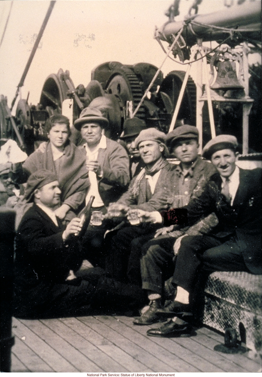 Natives from Carpineto Romano, Italy, celebrating their arrival in the United States aboard the Christopher Columbus