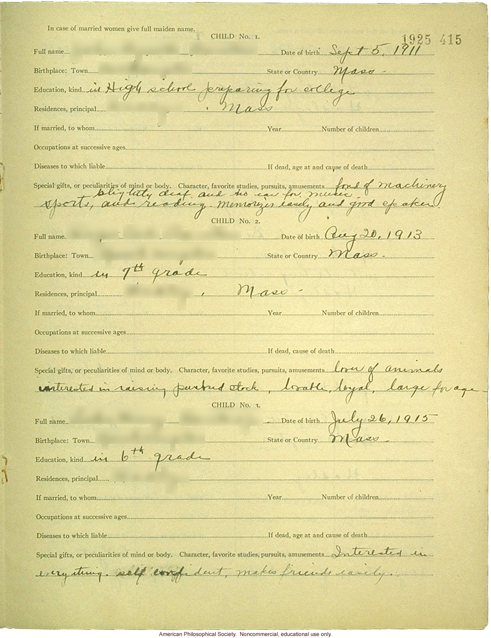 &quote;Large family&quote; winner, Fitter Families Contest, Eastern States Exposition, Springfield, MA (1925): Abridged record of family traits