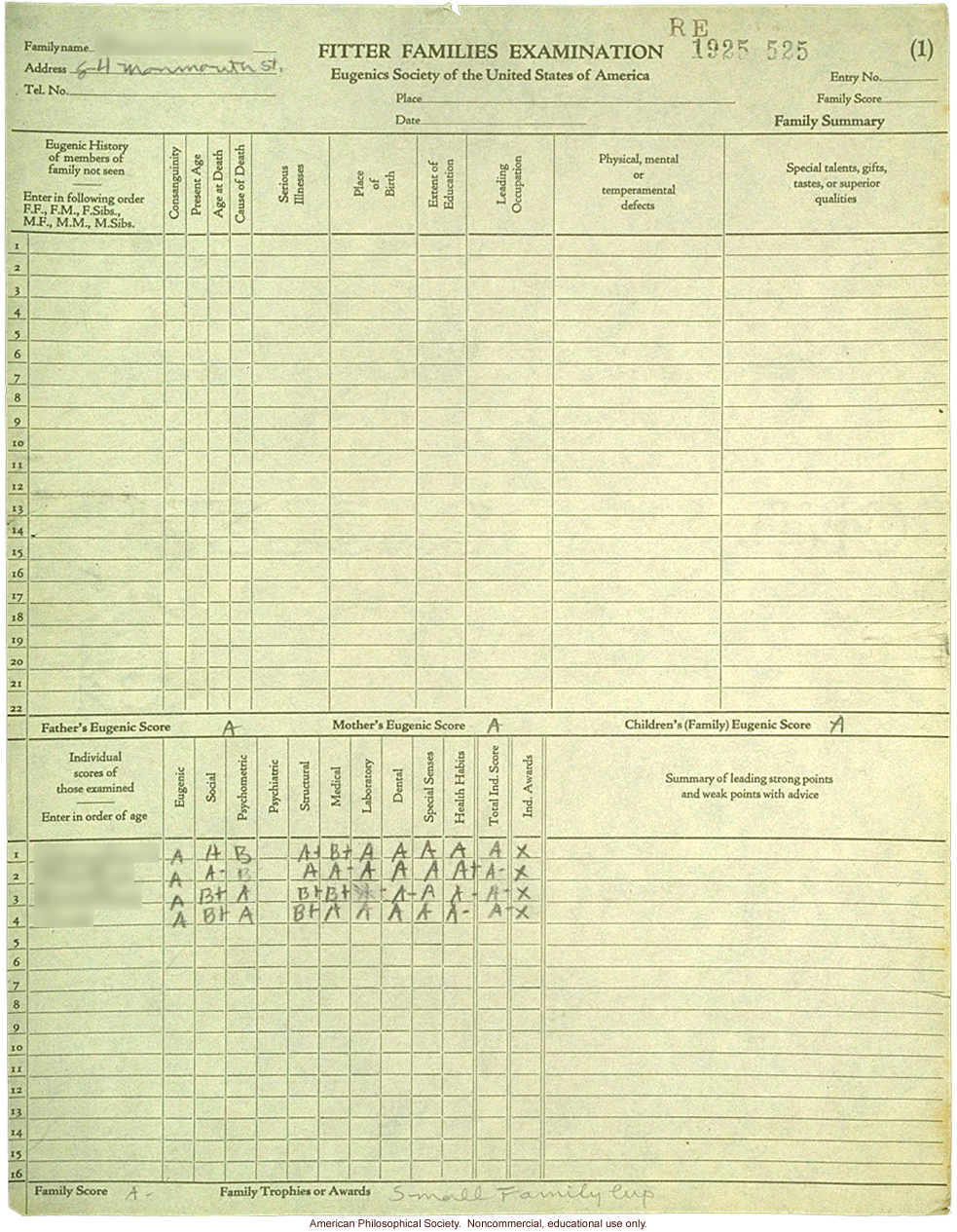 &quote;Small family&quote; winner, Fitter Families Contest, Eastern States Exposition, Springfield, MA (1925): family examination summary