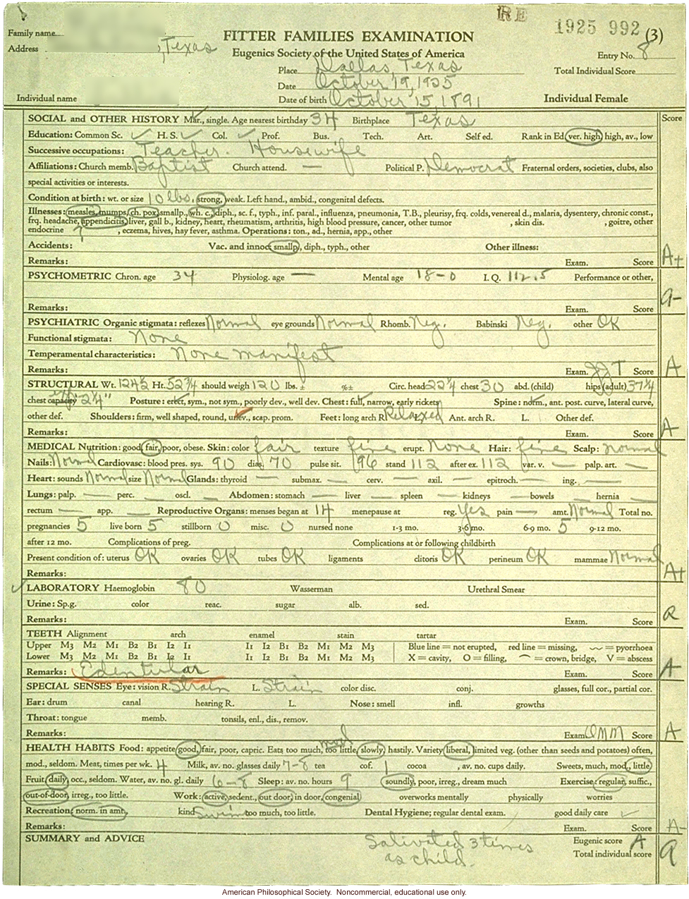&quote;Large family&quote; winner, Fitter Families Contest, Texas State Fair (1925): individual examinations