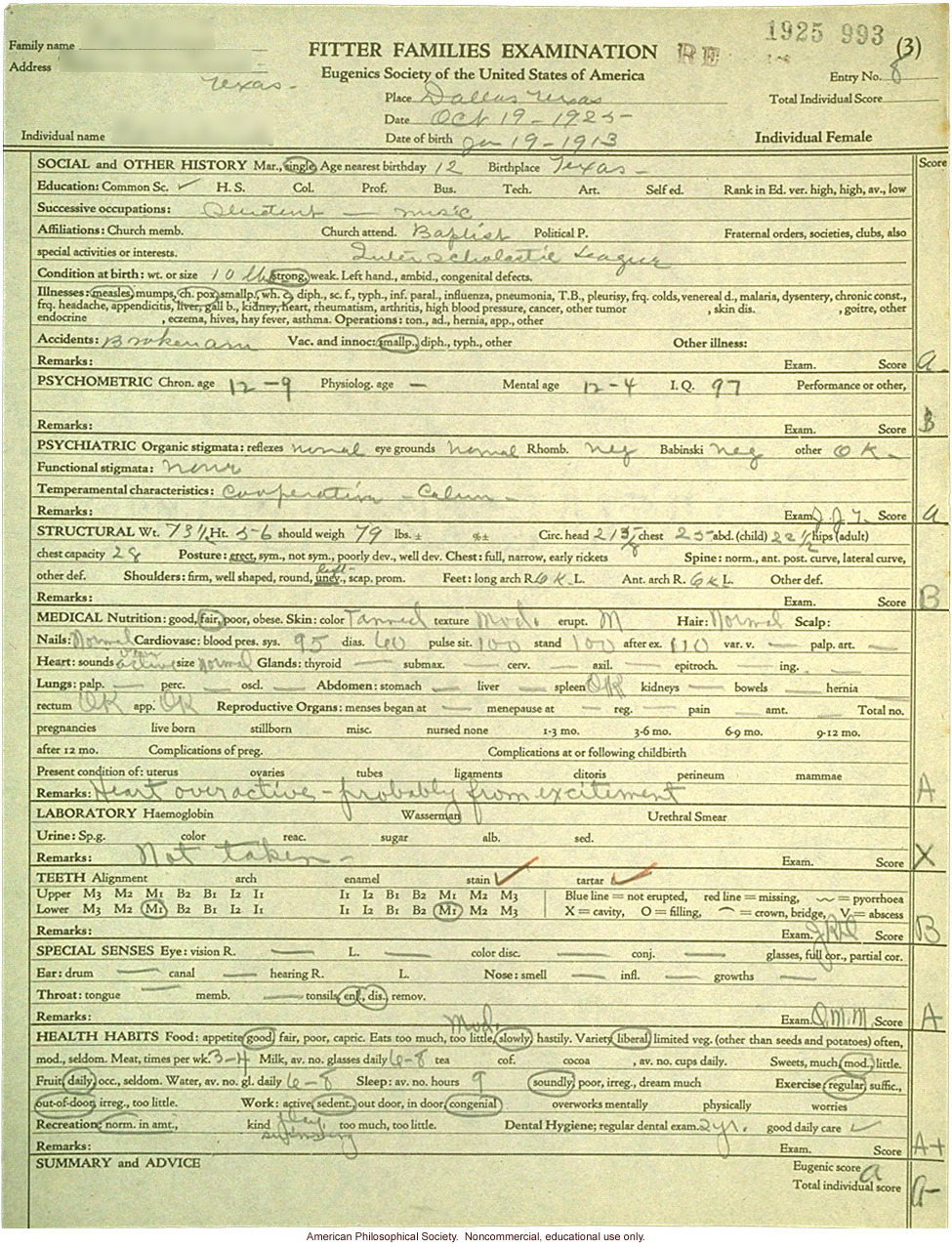 &quote;Large family&quote; winner, Fitter Families Contest, Texas State Fair (1925): individual examinations