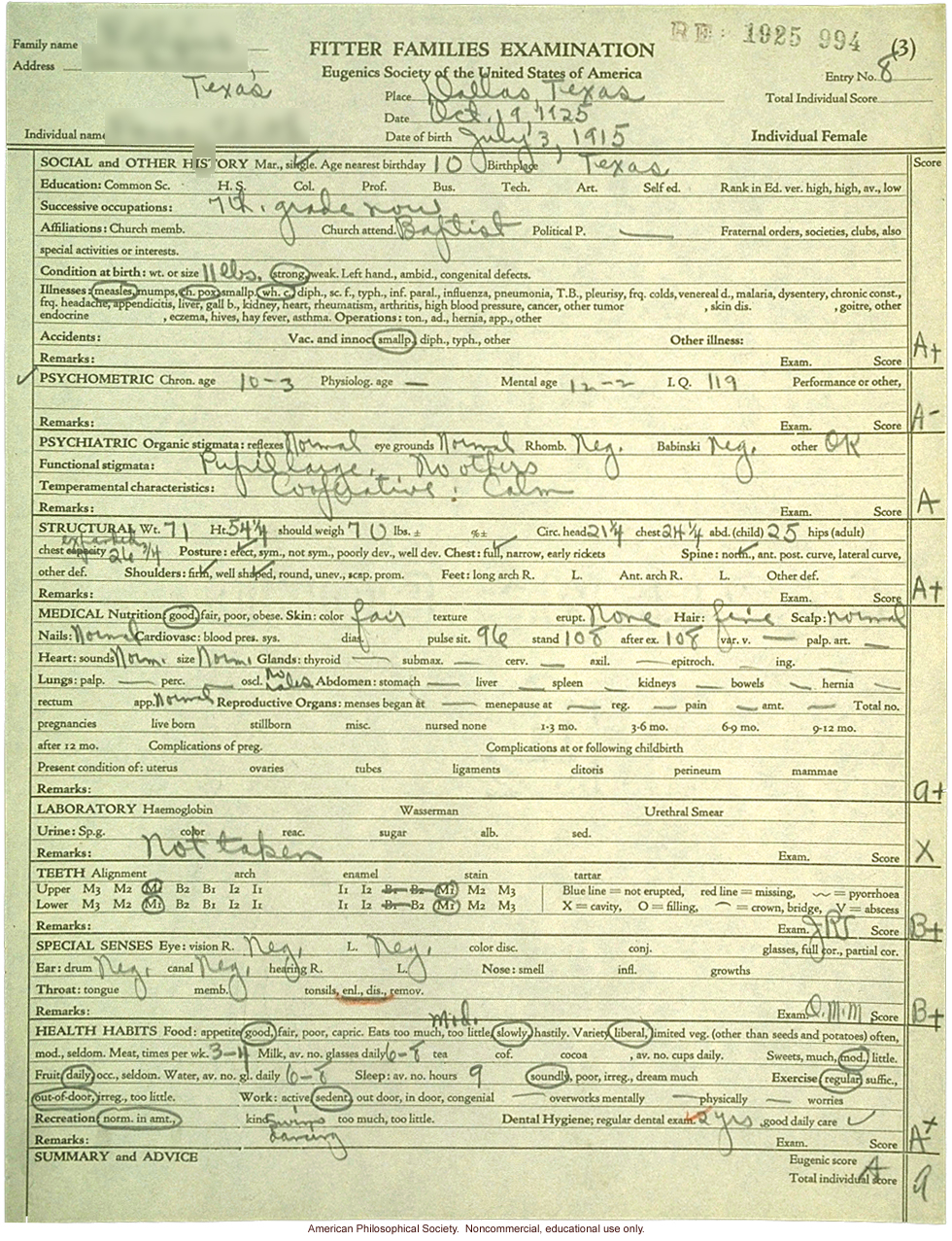 &quote;Large family&quote; winner, Fitter Families Contest, Texas State Fair (1925): individual examinations