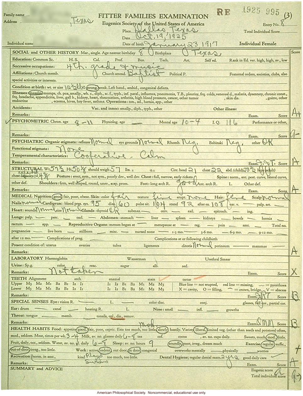 &quote;Large family&quote; winner, Fitter Families Contest, Texas State Fair (1925): individual examinations