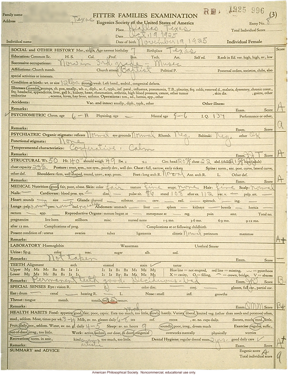 &quote;Large family&quote; winner, Fitter Families Contest, Texas State Fair (1925): individual examinations