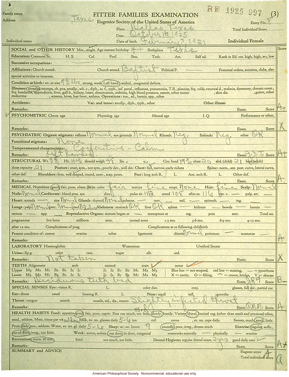 &quote;Large family&quote; winner, Fitter Families Contest, Texas State Fair (1925): individual examinations