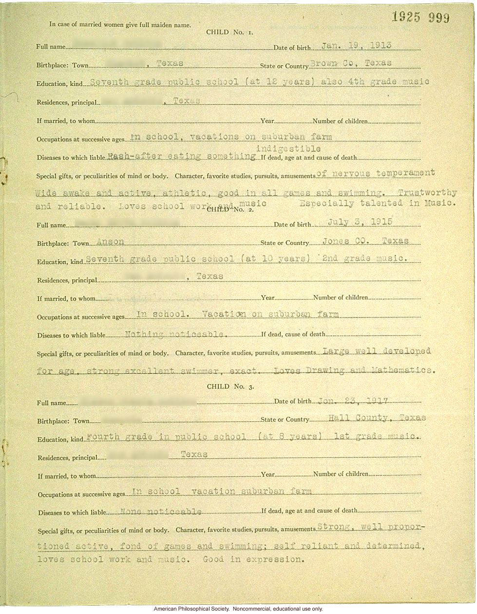 &quote;Large family&quote; winner, Fitter Families Contest, Texas State Fair (1925): Abridged record of family traits