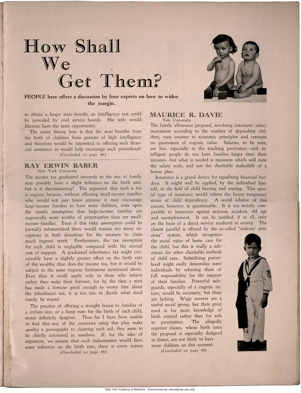 &quote;Wanted: Better Babies: How Shall We Get Them?&quote;  by Ellsworth Huntington, Eugene Robison, Ray Erwin Baber, and Maurice R. Davie, People (April 1931)