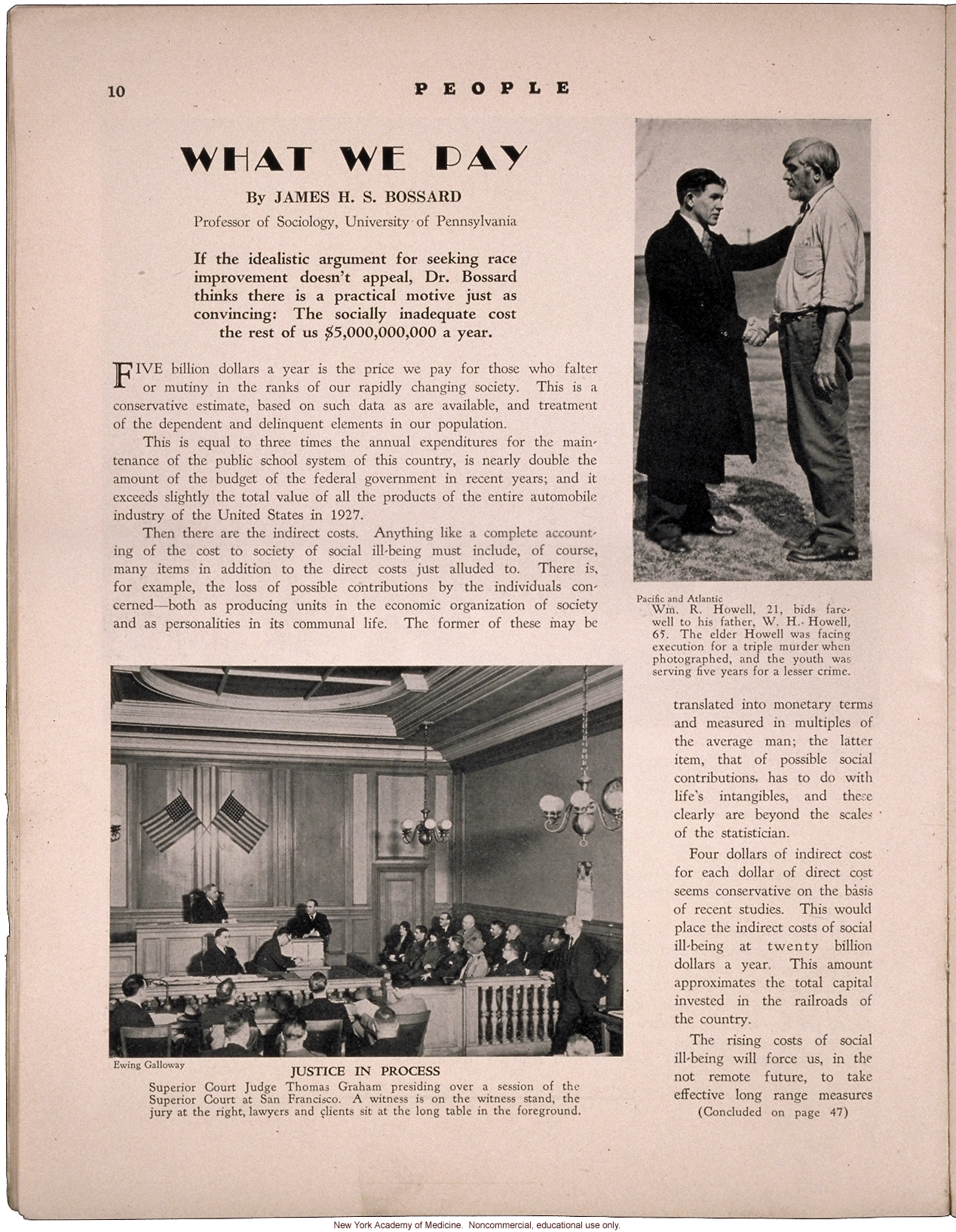 &quote;What We Pay,&quote; by James H.S. Bossard, People Magazine (April 1931), cost of the socially inadequate