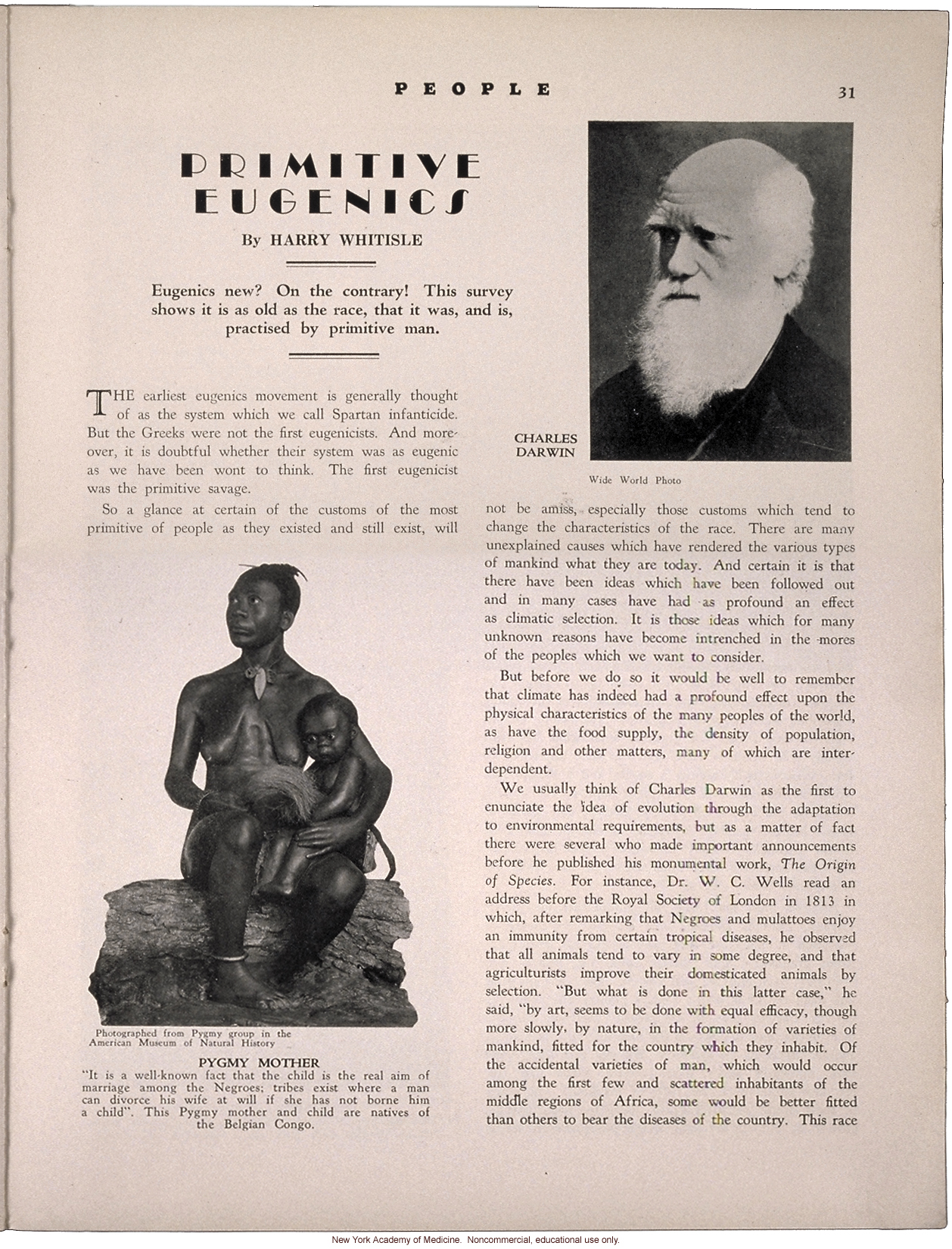 &quote;Primitive Eugenics,&quote; by Harry Whitisle, People (April 1931), history of eugenic practices around the world