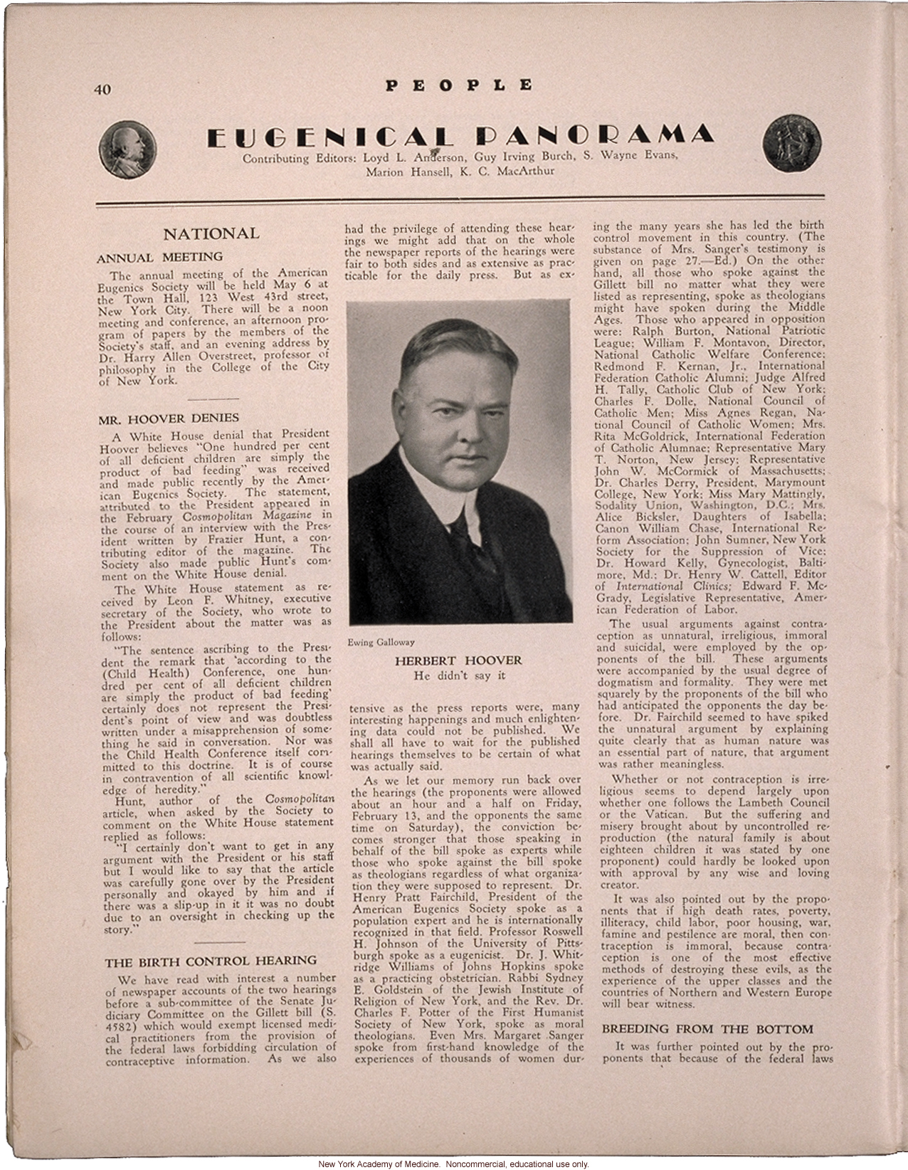 People (April 1931) news items: disputed quote by President Herbert Hoover, Senate tesitmony on birth control, use of eye color inheritance in courts