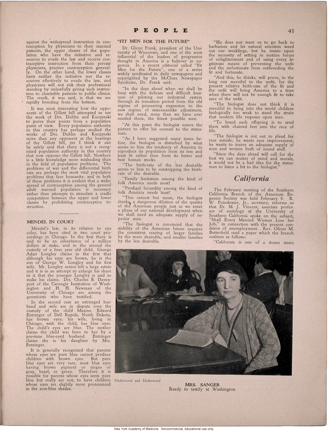 People (April 1931) news items: disputed quote by President Herbert Hoover, Senate tesitmony on birth control, use of eye color inheritance in courts