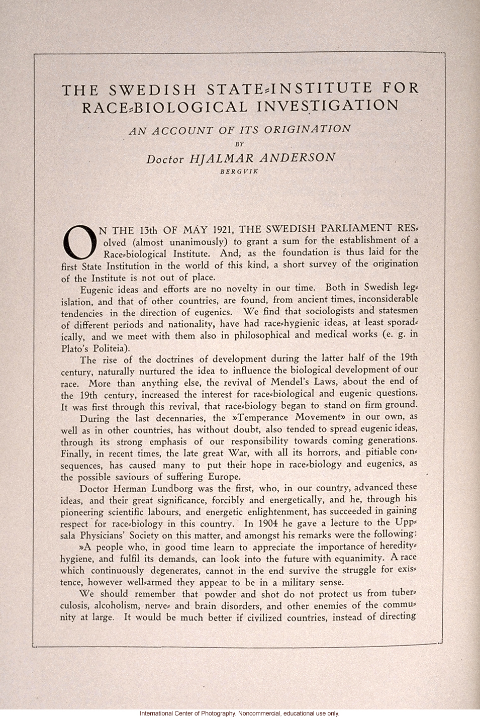 <i>The Swedish Nation</i>, &quote;The Swedish State-Institute for Race-Biological Investigation: An Account of its Origin&quote; by Hjalmar Anderson