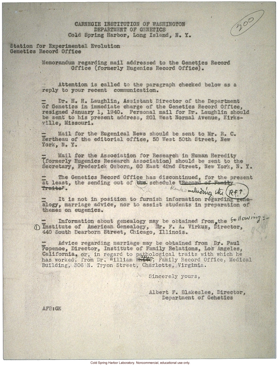 Albert F. Blakeslee memo about procedures for answering mail after closure of the Eugenics Record Office
