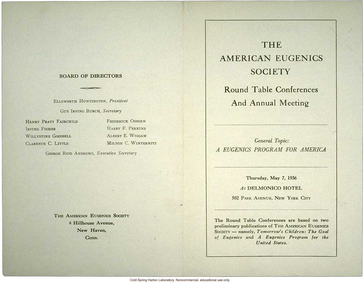American Eugenics Society, program for  &quote;Round Table Conferences and Annual Meeting,&quote; New York, 1936