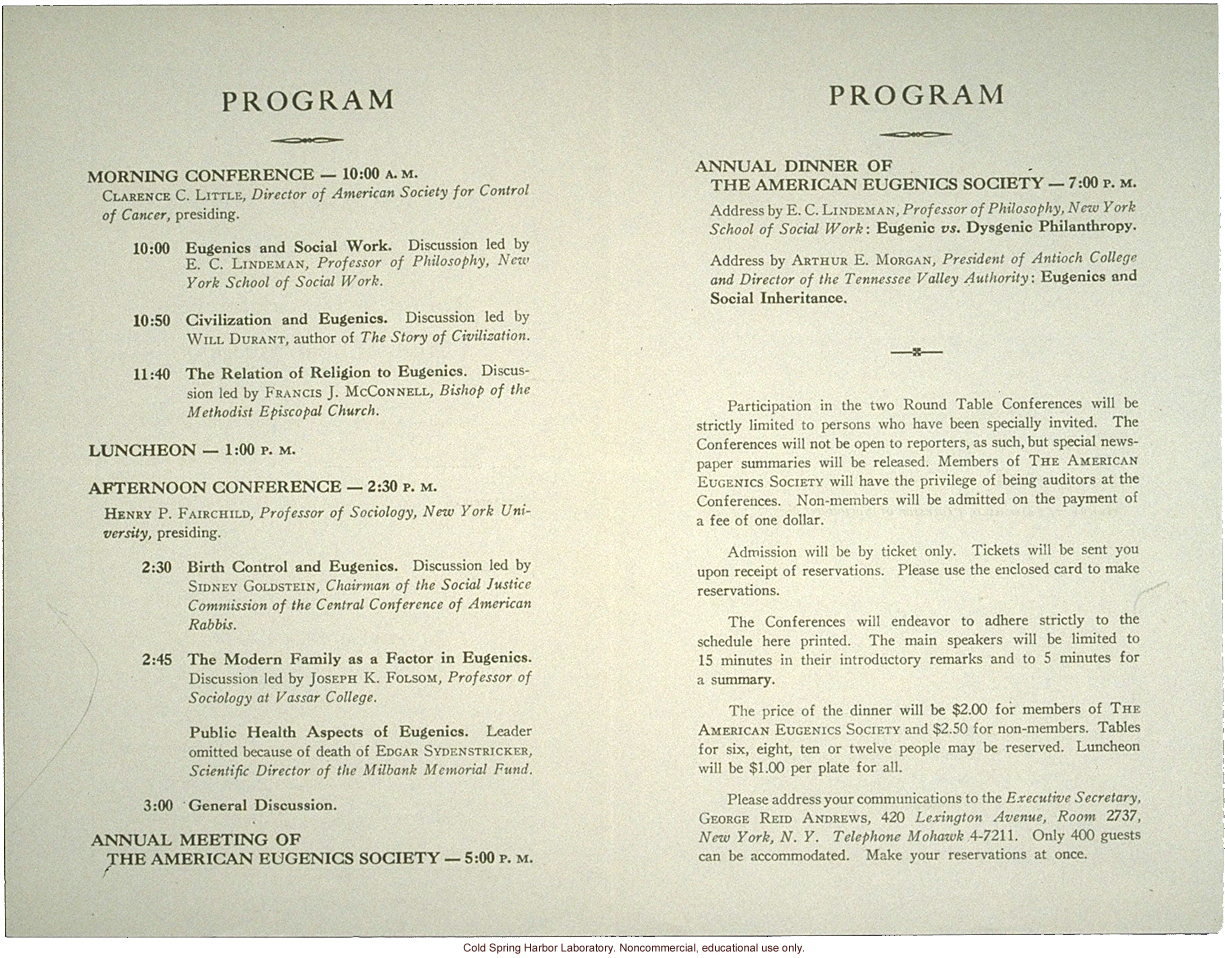 American Eugenics Society, program for  &quote;Round Table Conferences and Annual Meeting,&quote; New York, 1936