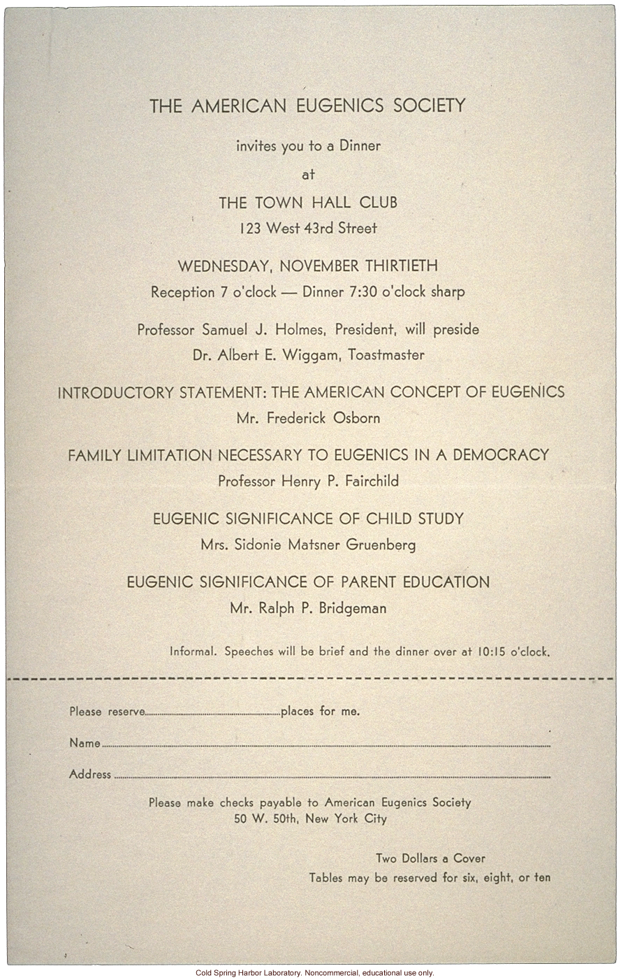 American Eugenics Society, dinner invitation, program including Albert Wiggam and Frederick Osborn, New York