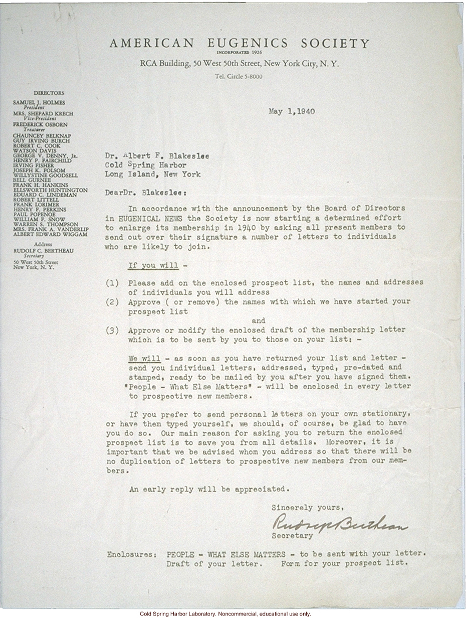 American Eugenics Society, membership drive materials (cover letter to Albert Blakeslee, prospect list, and form letter)