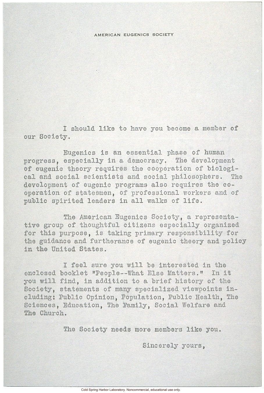 American Eugenics Society, membership drive materials (cover letter to Albert Blakeslee, prospect list, and form letter)