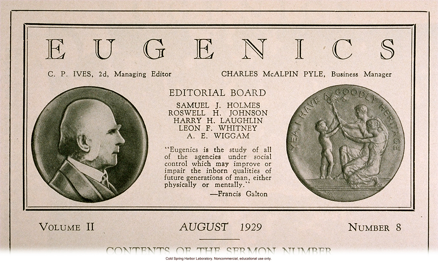 Eugenics: A Journal of Race Betterment (vol II:8), title page including Francis Galton's definition of eugenics and Fitter Families medal