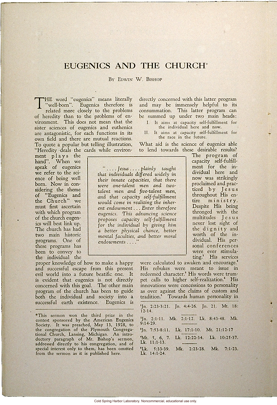 &quote;Eugenics and the Church,&quote; by Edwin Bishop, Eugenics: A Journal of Race Betterment (vol II:8)