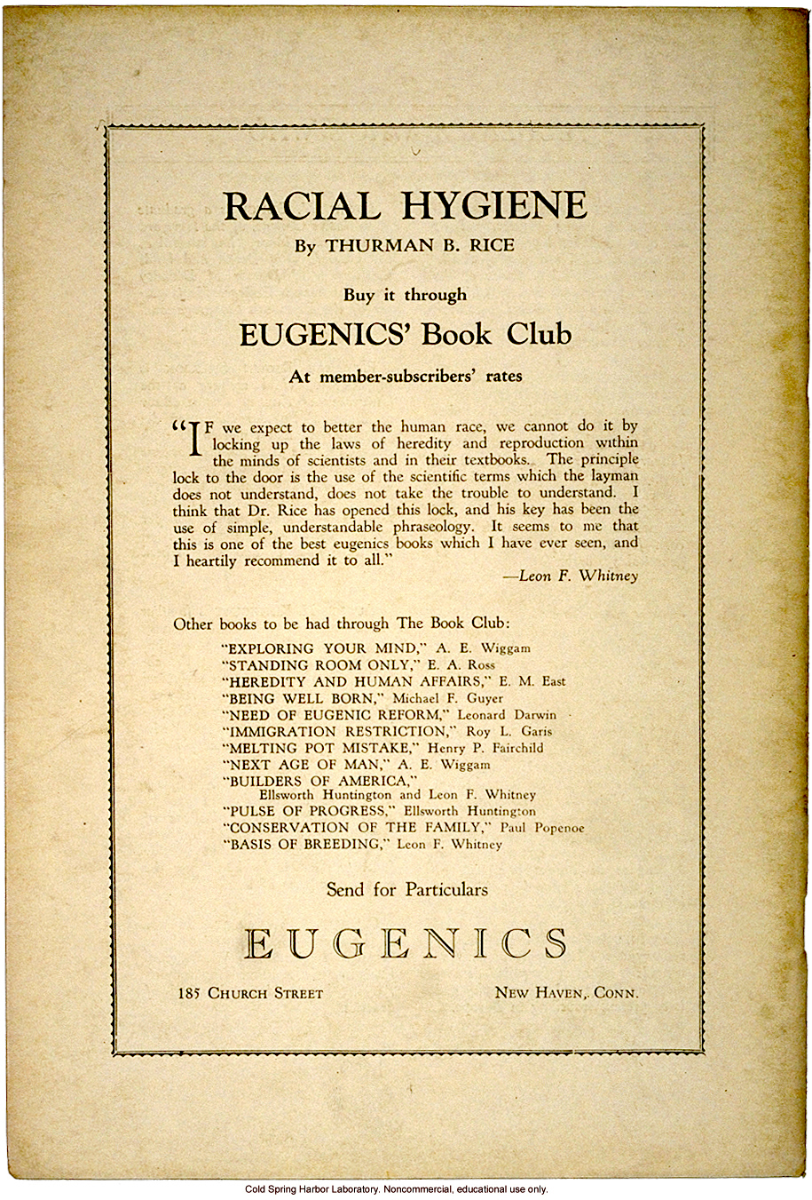 Advertisement for <i>Racial Hygiene</i>, for Eugenics' Book Club, Eugenics: A Journal of Race Betterment (vol II:8)
