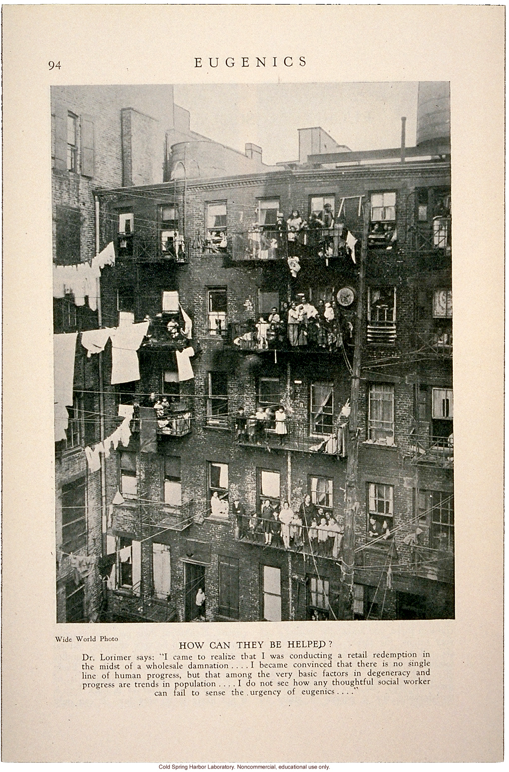 Tenement dwellers, &quote;How can they be helped?&quote;  Eugenics: A Journal of Race Betterment (vol II:8)