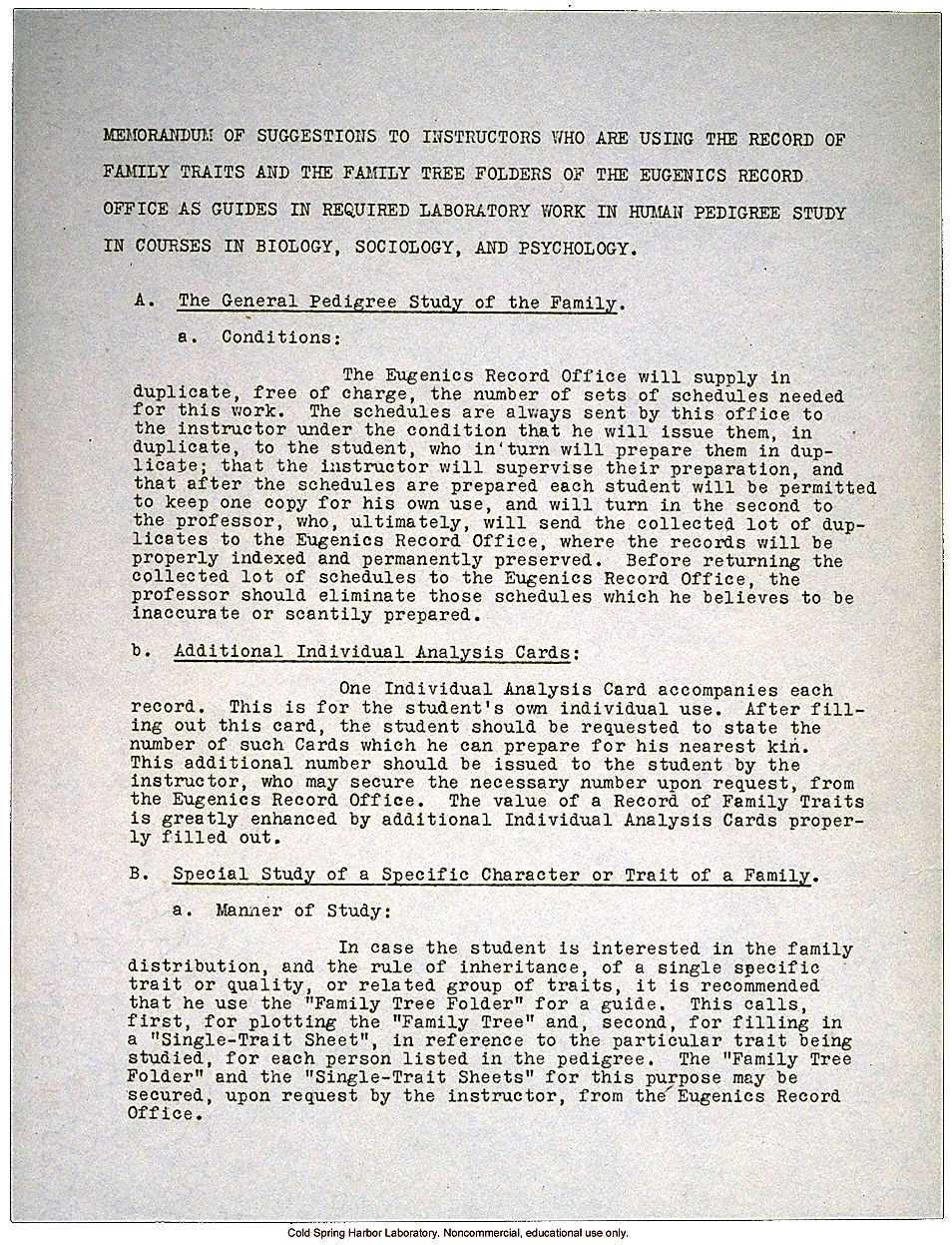 Eugenics Record Office memo to instructors about using ERO trait forms for &quote;required laboratory work in biology, sociology, and psychology&quote;