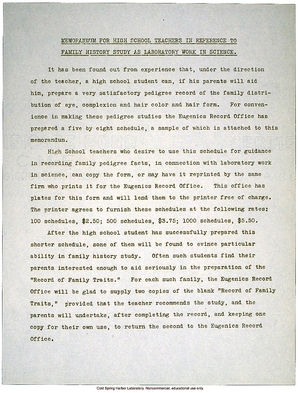 Eugenics Record Office memo to high school teachers about conducting student pedigree studies in science classes