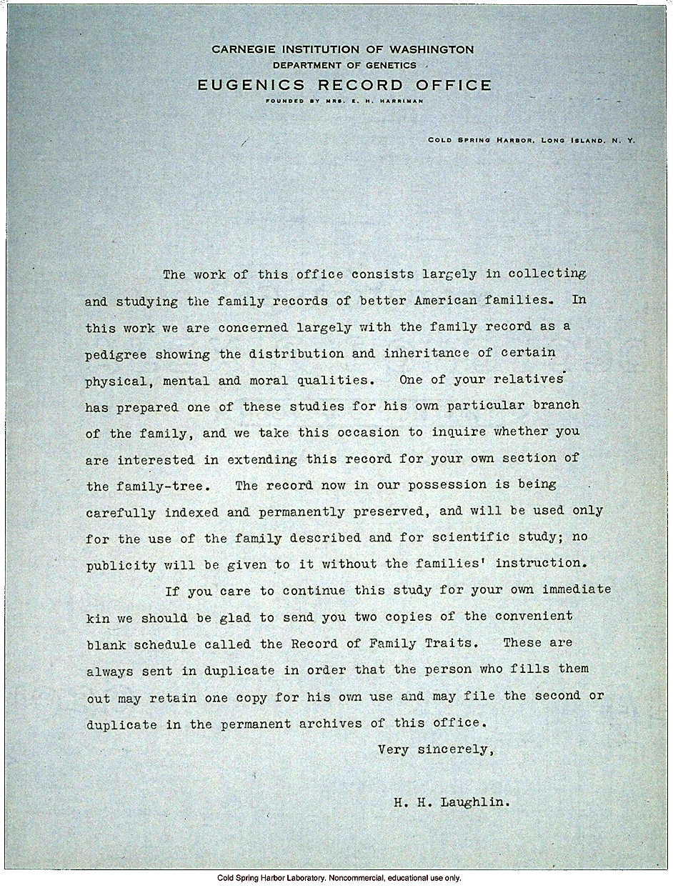 Harry H. Laughlin form letter requesting pedigree information from relatives of a family that had submitted a family study