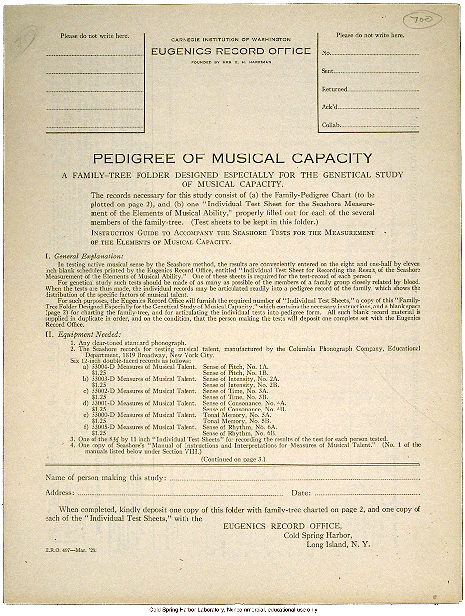 &quote;Pedigree of Musical Capacity,&quote; Eugenics Record Office form including instructions to test sense of pitch, intensity, time, consonance, tone, rhythm