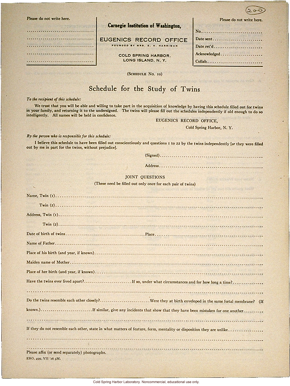 &quote;Schedule for the Study of Twins,&quote; Eugenics Record Office form