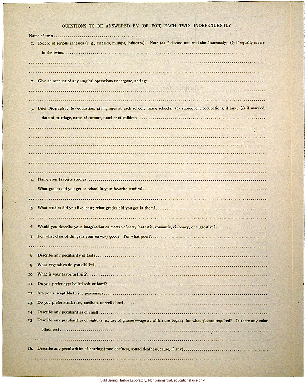&quote;Schedule for the Study of Twins,&quote; Eugenics Record Office form