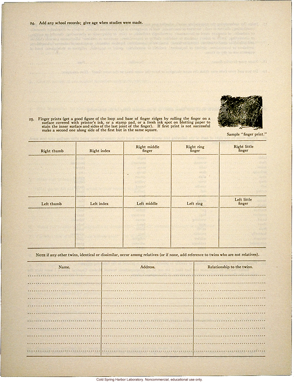 &quote;Schedule for the Study of Twins,&quote; Eugenics Record Office form