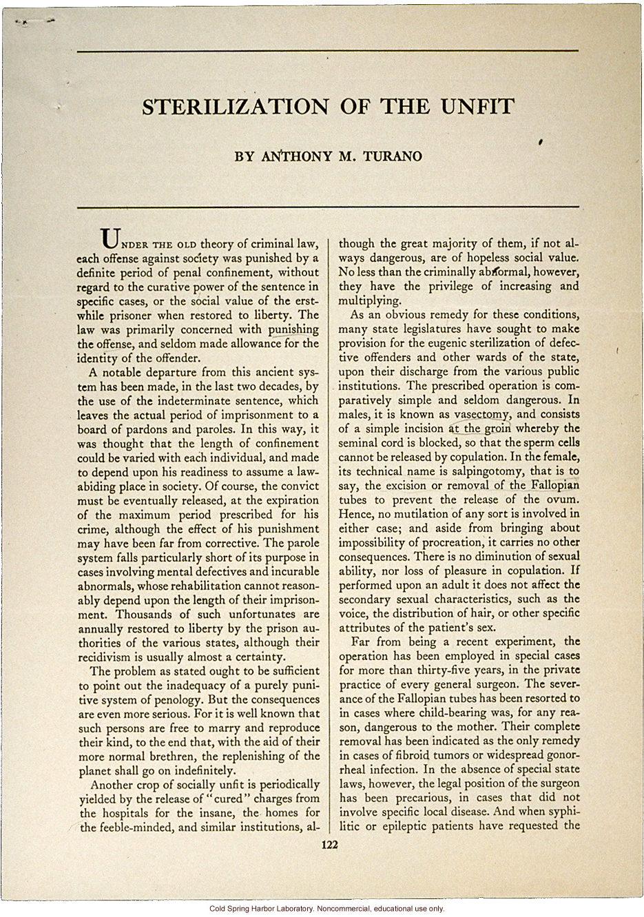 &quote;Sterilization of the Unfit&quote; by Anthony M. Turano, Forum (February 1934)
