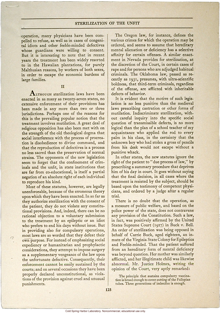 &quote;Sterilization of the Unfit&quote; by Anthony M. Turano, Forum (February 1934)