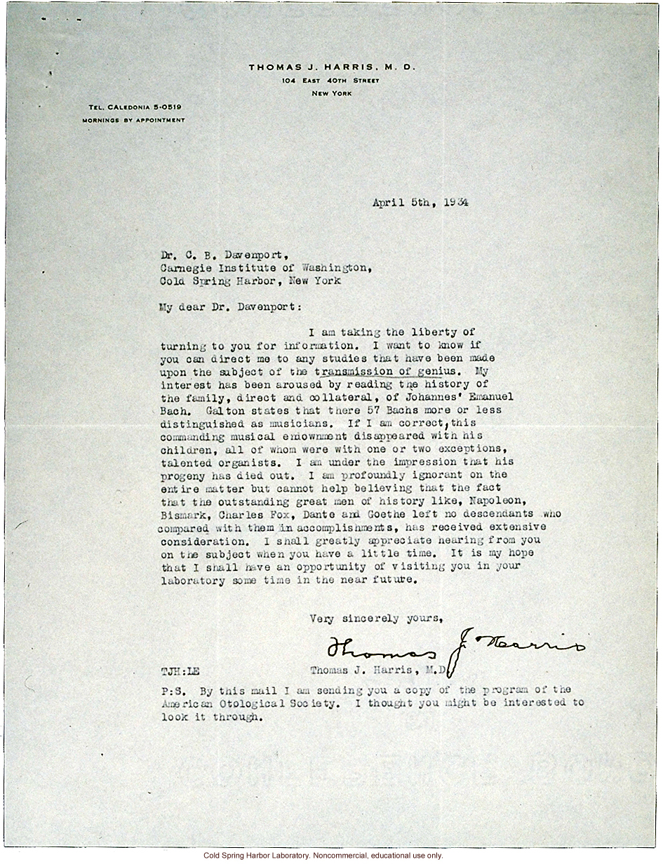 T.J. Harris letter to C.B. Davenport, about hereditary genius (4/5/1934)