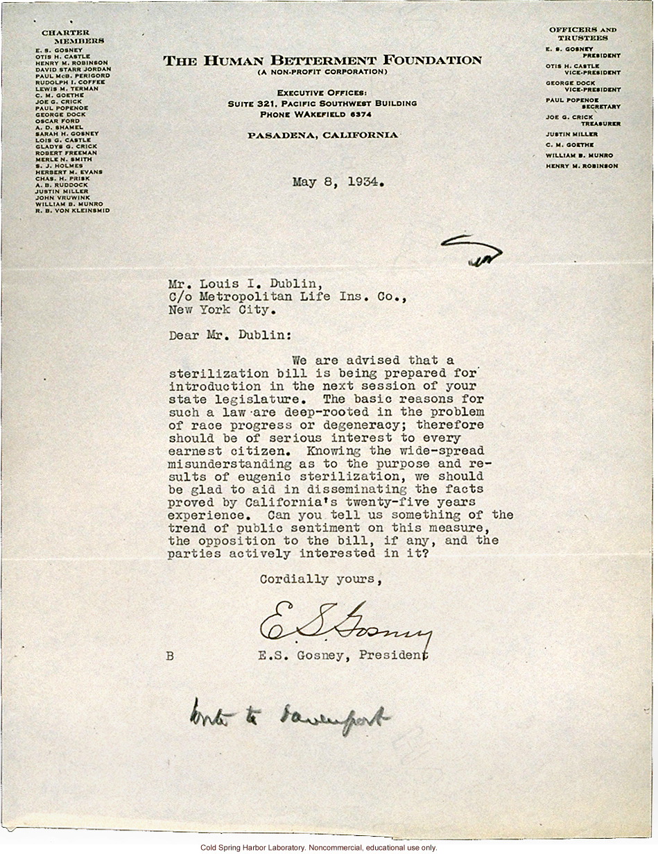 E.S. Gosney (Human Betterment Foundation) letter to L.I. Dublin (Metropolitan Life Insurance Company), about pending NY sterilization bill (5/8/1934)