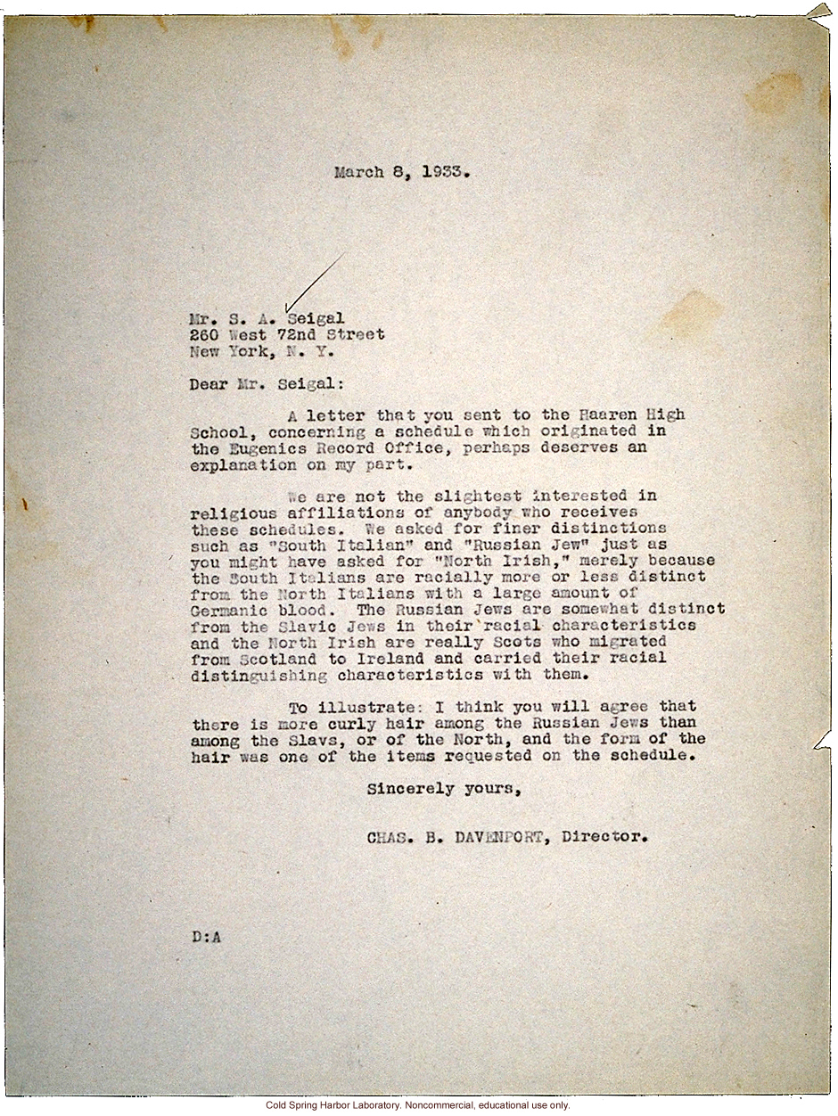 C.B. Davenport letter to S.A. Seigal (Haaren High School), about racial characteristics of various European groups (3/8/1933)