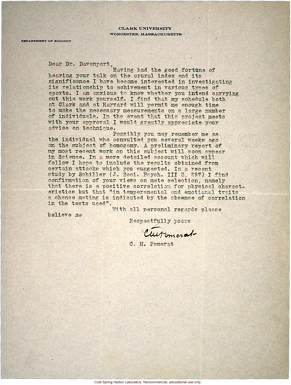 C.M. Pomerat letter to C.B. Davenport, about a study of the relationship between &quote;crural index&quote; (leg length) and athletic ability