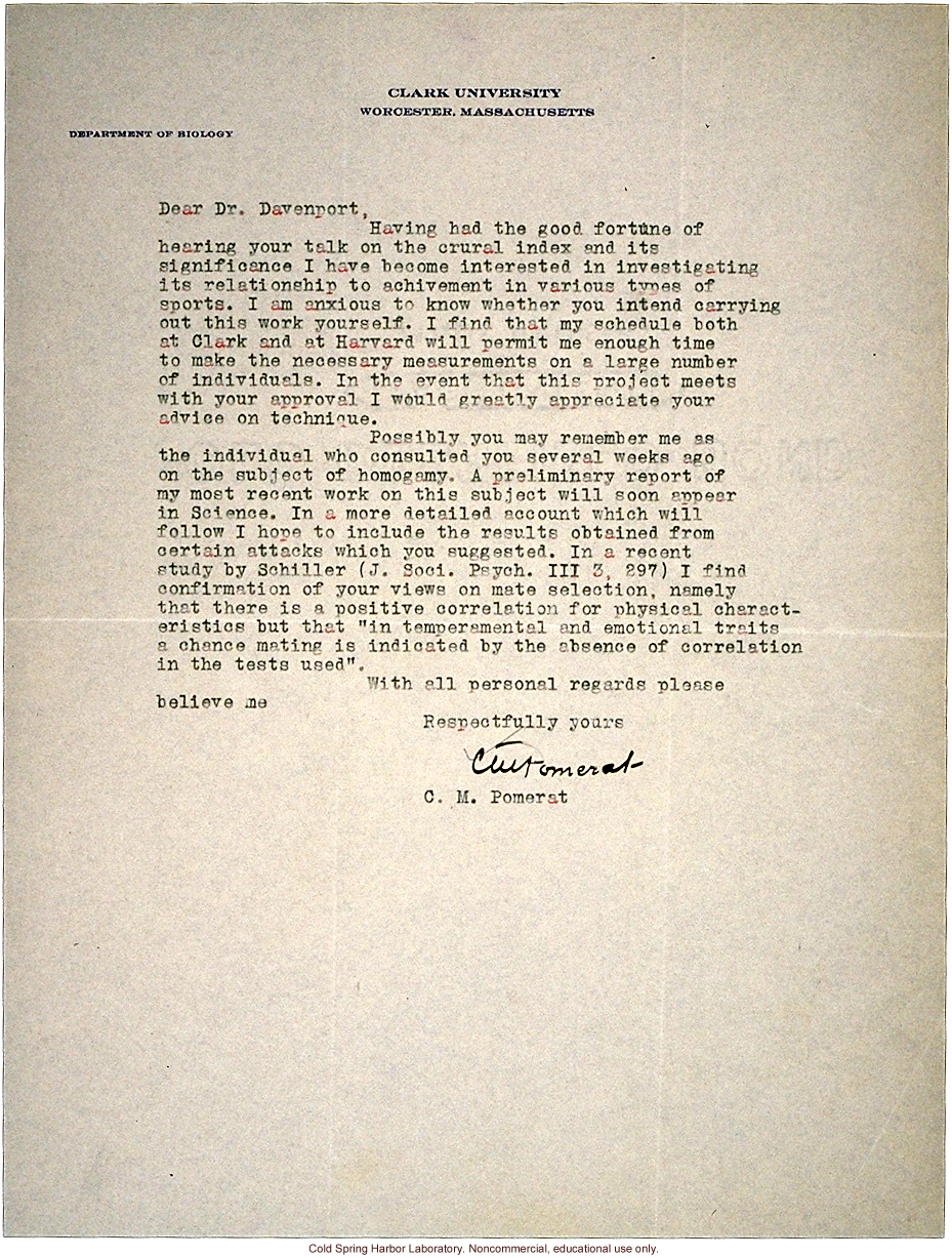 C.M. Pomerat letter to C.B. Davenport, about a study of the relationship between &quote;crural index&quote; (leg length) and athletic ability