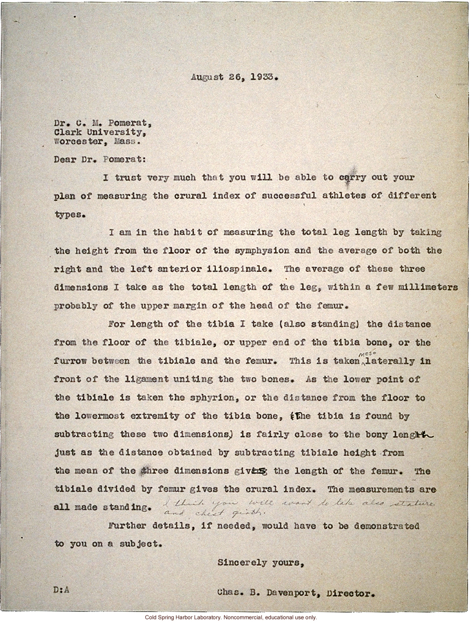 C.B. Davenport response to C.M. Pomerat, about measurements for a study of &quote;crural index&quote; (leg length) and athletic ability (8/26/1933)