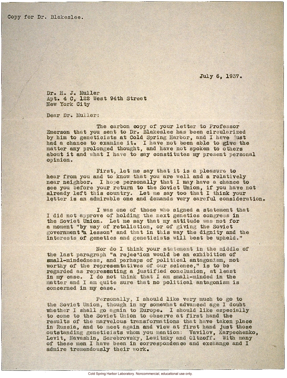 C.B. Davenport letter to H.J. Muller, about reasons against holding a genetics congress in Russia (7/6/1937)