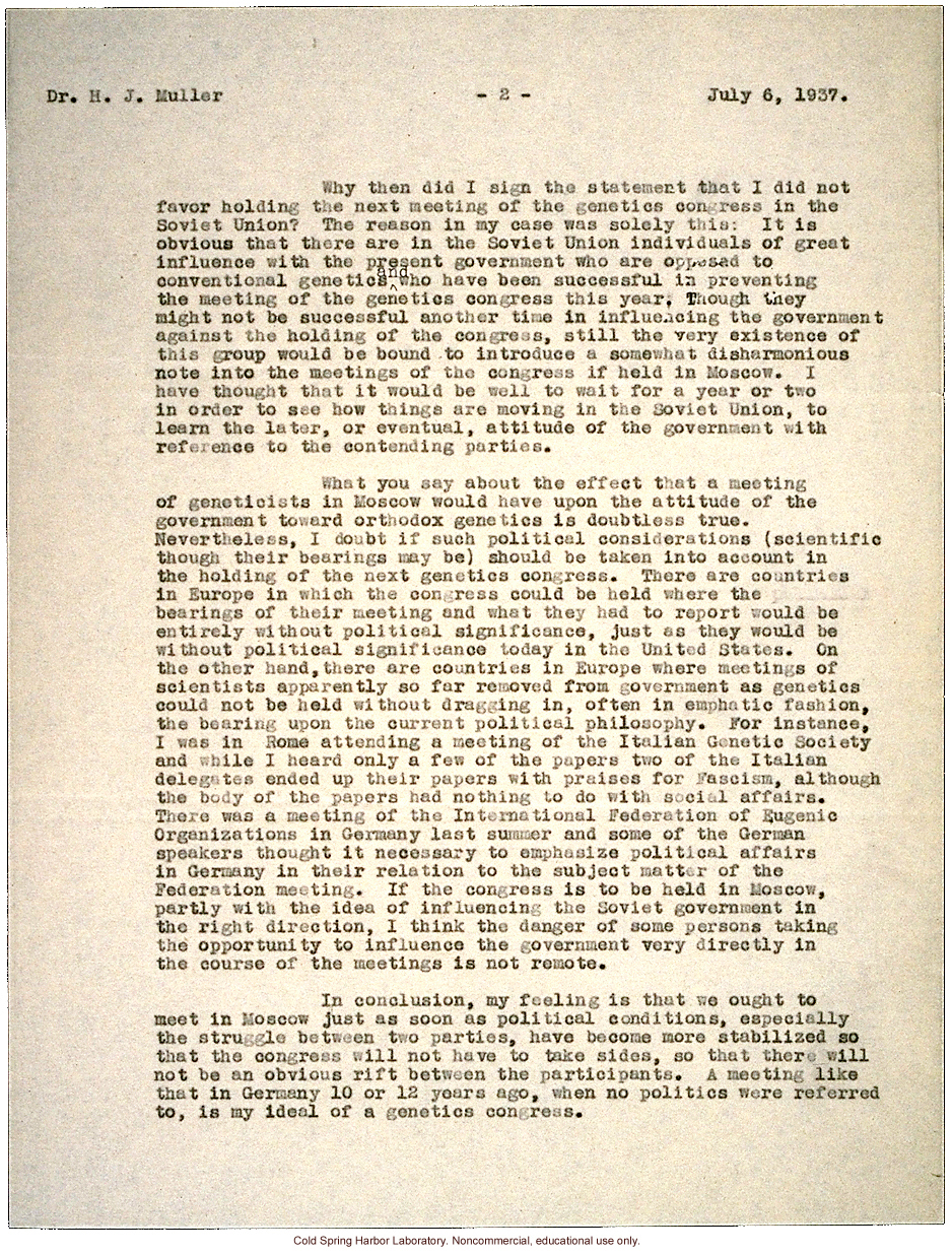 C.B. Davenport letter to H.J. Muller, about reasons against holding a genetics congress in Russia (7/6/1937)