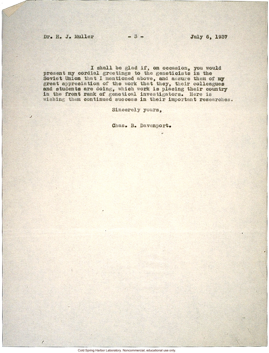 C.B. Davenport letter to H.J. Muller, about reasons against holding a genetics congress in Russia (7/6/1937)